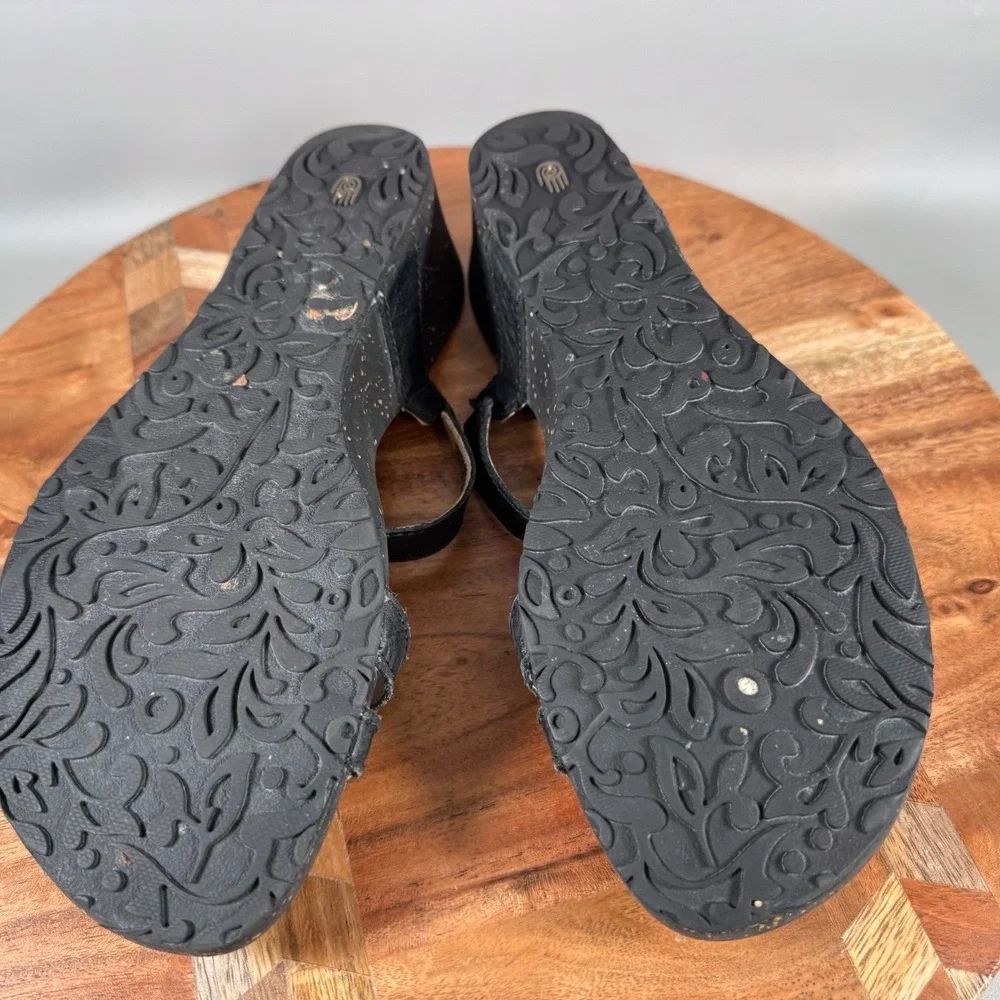Teva‎ F8810K Womens Black Leather Strappy Wedge Sandals Size 8 Boho Comfort